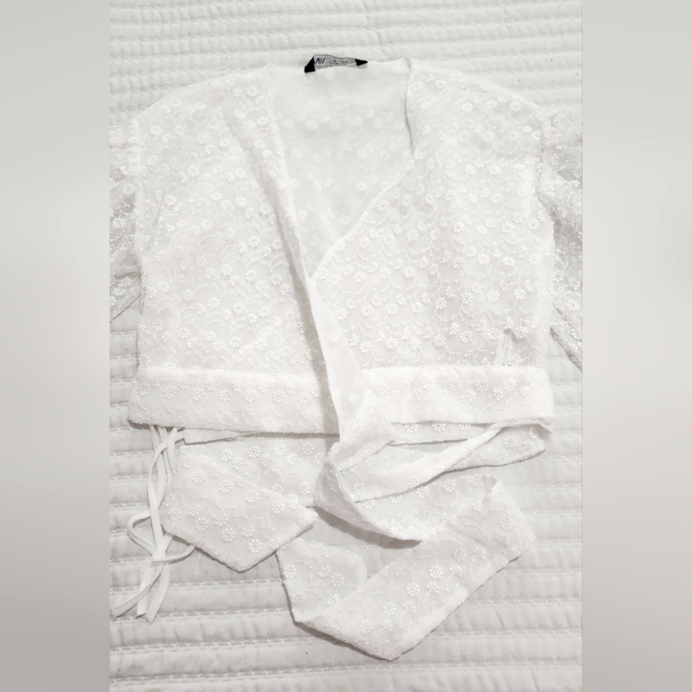 Zara Embroidered Wrap Top Size M